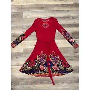 Desigual Red Floral Print Long Sleeve Belted A-Line Dress Size M